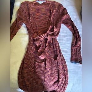 Sundance Rust Burgundy Gold Thermal Knit Long Open Cardigan Size Small Pockets